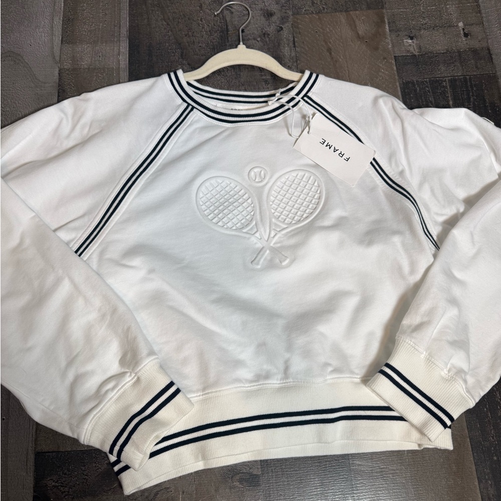 FRAME The Tennis Sweatshirt White Cropped Crewneck Logo Sporty Preppy NWT Small - Picture 2 of 9